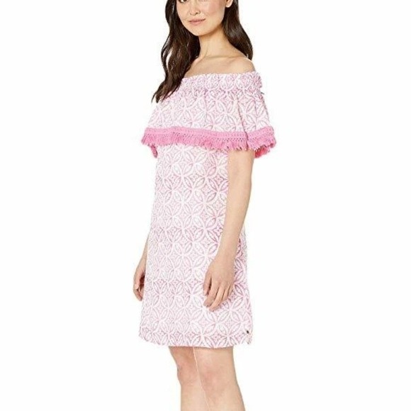 Hatley Olivia Dress Small Pink White Off Shoulder Organic Cotton Tassel‎ Trim - Picture 2 of 15